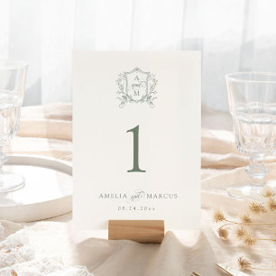 Salbeigrüne Vintage Crest Hochzeit Tischnummer