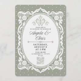 Salbeigrüne Vintage-Spitzen-Hochzeitseinladung QR  Einladung