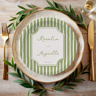 Salbeigrüne vintage Streifen Hochzeit personalisie Pappteller