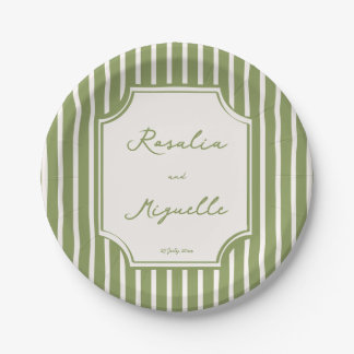 Salbeigrüne vintage Streifen Hochzeit personalisie Pappteller