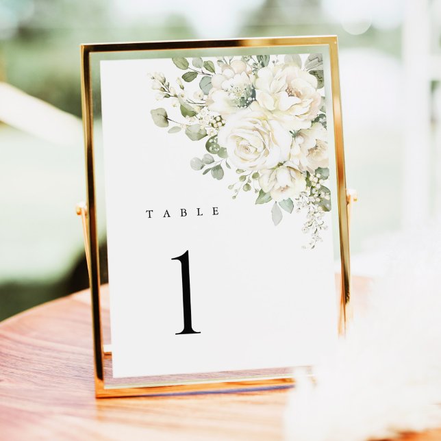 Salbeigrüne weiße florale Hochzeitstischnummern (Sage green white floral wedding table number, watercolor roses in gold frame for luxury reception)