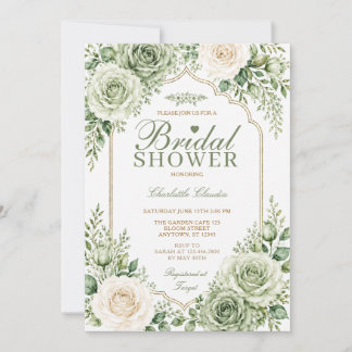 Salbeigrüne weiße Rosen Elegante Boho-Brautparty  Einladung