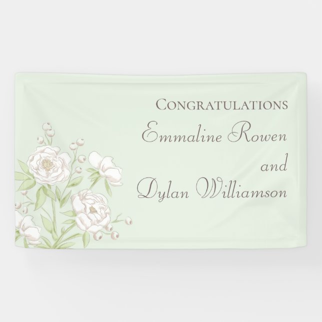 Salbeigrüne Weiße Rosen Hochzeit Banner (Horizontal)