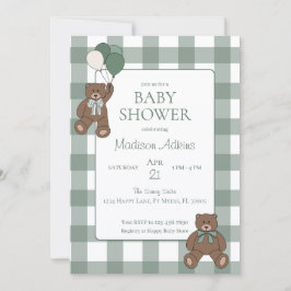 Salbeigrüne weiße Schleifen und Teddybären Baby Sh Einladung