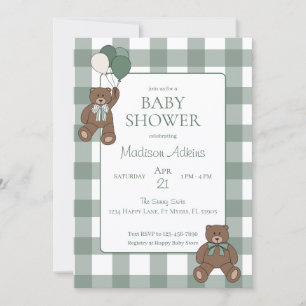 Salbeigrüne weiße Schleifen und Teddybären Baby Sh Einladung