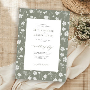 Salbeigrüne weiße Wildblumen-Blumengarten-Hochzeit Einladung