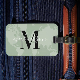 Salbeigrüne Weltkarte Skript Monogramm Gepäckanhänger