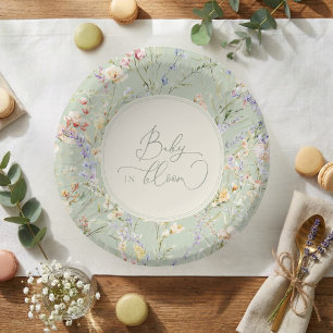 Salbeigrüne Wildblumen-Baby-in-Bloom-Baby-Party Pappteller