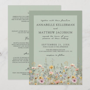 Salbeigrüne Wildblumen-Hochzeit Alles in Einem Einladung