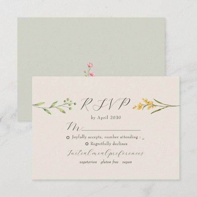 Salbeigrüne Wildblumen-Hochzeit RSVP Karte (Vorne/Hinten)