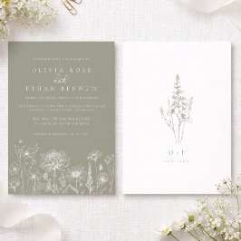 Salbeigrüne Wildblumen-Linienkunst-Hochzeit Einladung