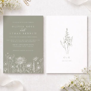 Salbeigrüne Wildblumen-Linienkunst-Hochzeit Einladung