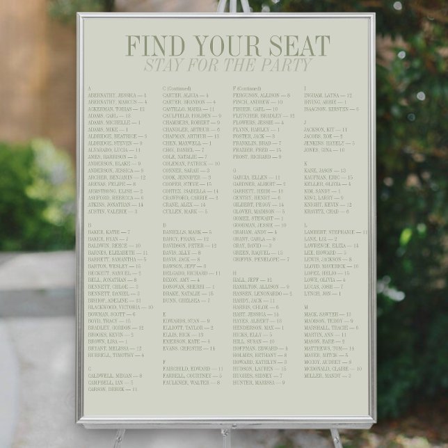Salbeigrüner alphabetischer Hochzeits-Sitzplan Poster (Sage Green Alphabetical Wedding Seating Chart
)