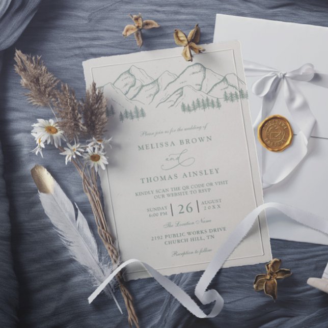 Salbeigrüner Bergkiefern QR-Code Hochzeit Einladung (Von Creator hochgeladen)