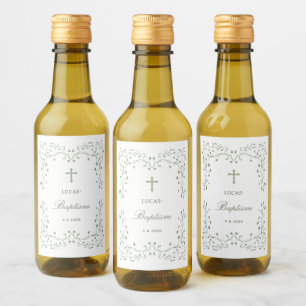 Salbeigrüner Blattrahmen Taufe Klein Weinetikett