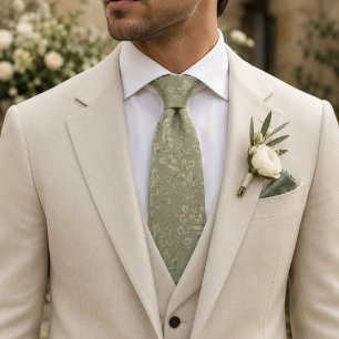 Salbeigrüner Botanischer Jacquard-Hochzeitskrawatt Krawatte