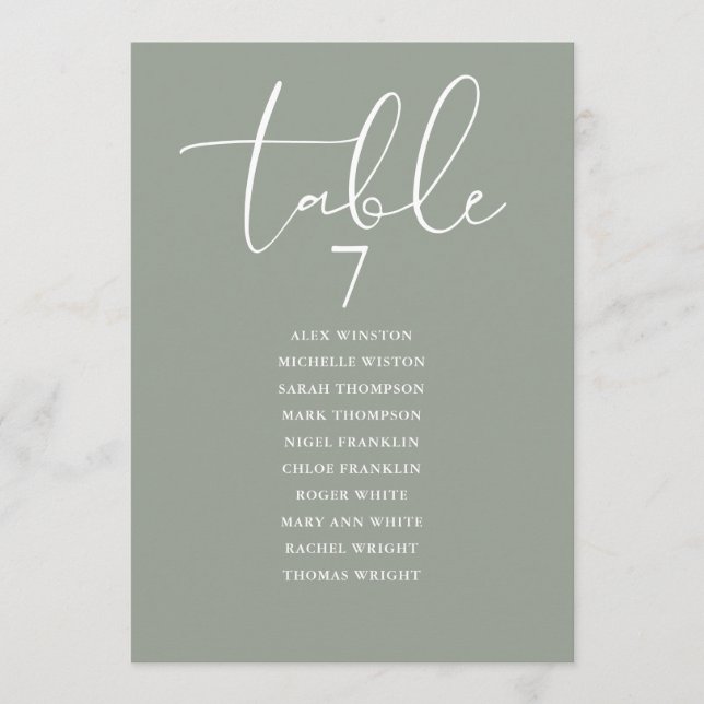 Salbeigrüner Eleganter Sitzplan Tischnummer (Vorderseite)