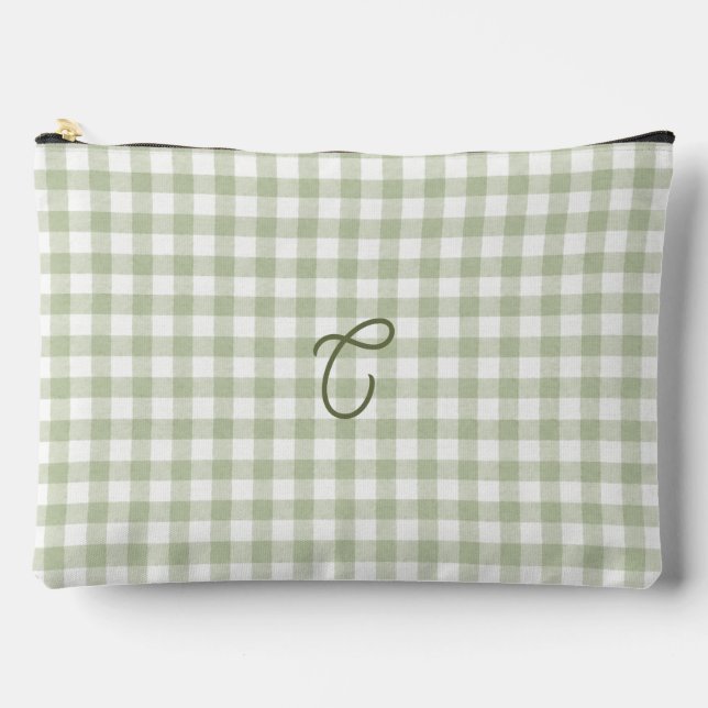 Salbeigrüner Gingham-Monogramm-Makeup-Beutel Zubehörtasche (Vorderseite)
