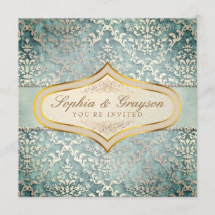 Salbeigrüner Glimmer-Damask-Hochzeitseinladung Einladung