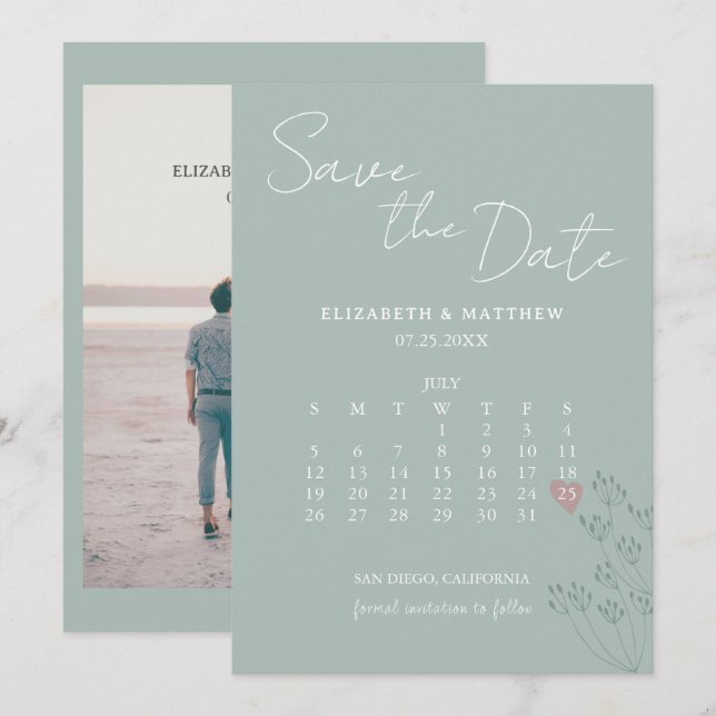 Salbeigrüner minimalistischer Chic Save The Date (Vorne/Hinten)