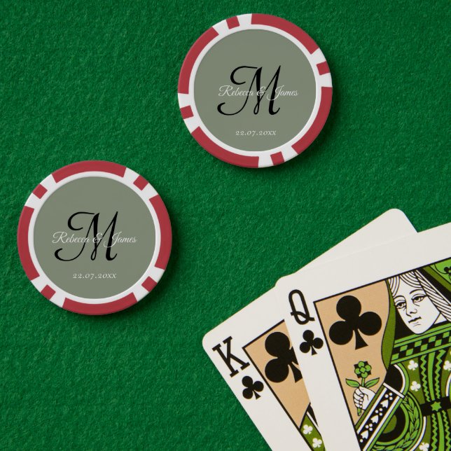 Salbeigrüner Monogramm-Schriftzug-Name-Hochzeit Pokerchips (Pokertisch (doppelt))