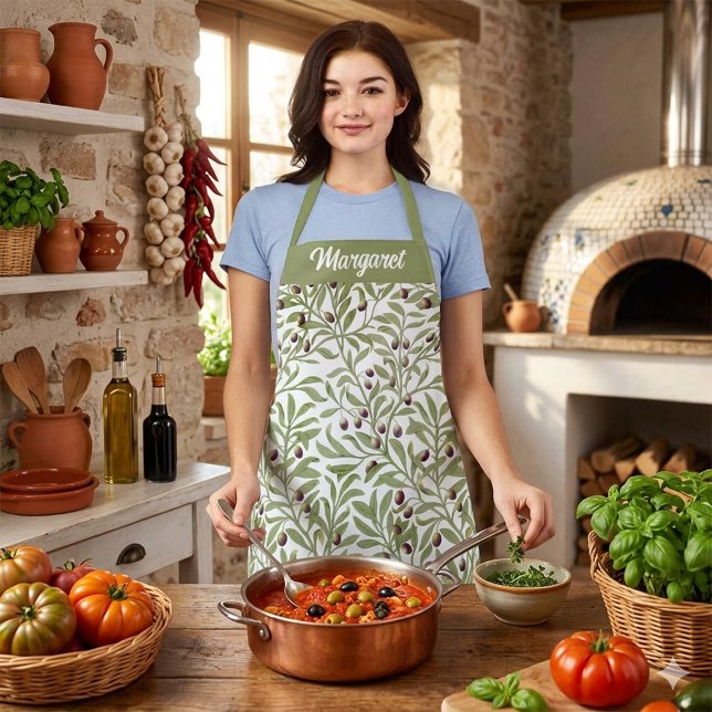 Salbeigrüner Olivenzweig-Monogramm-Botanik Schürze (Sage Green Olive Branch Watercolor Botanical Apron)