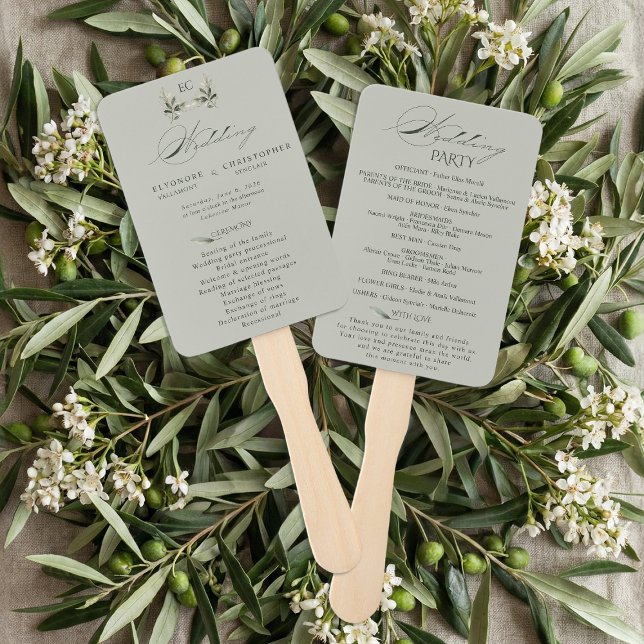 Salbeigrüner Olivenzweig-Monogramm-Hochzeitsprogra Fächer (Von Creator hochgeladen)