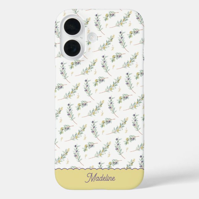 Salbeigrüner Olivenzweig Monogramm Name iPhone 16 Hülle (Rückseite)