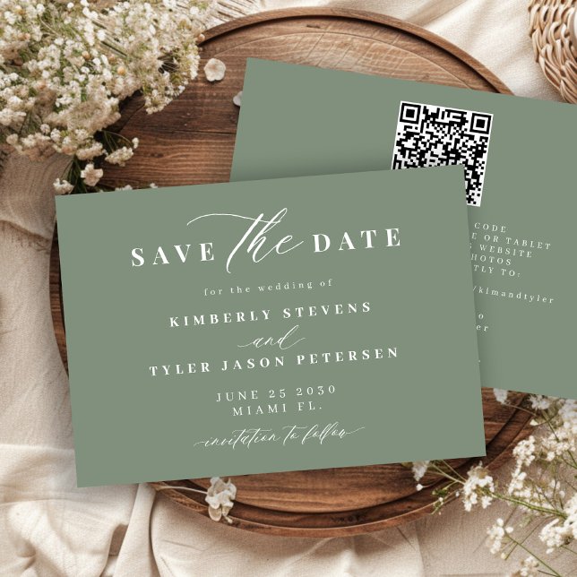 Salbeigrüner QR-Code einfache elegante Hochzeit  Save The Date (Von Creator hochgeladen)