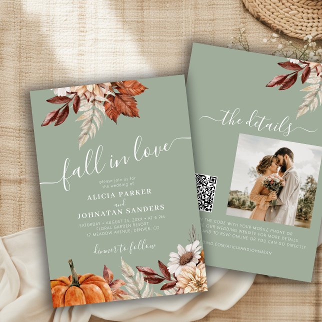 Salbeigrüner QR-Code Fall in Love botanische Hochz Einladung (Von Creator hochgeladen)