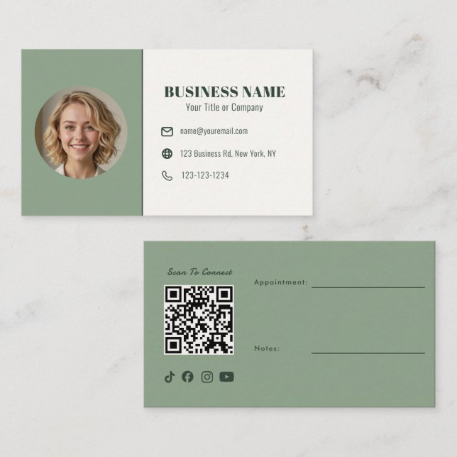Salbeigrüner QR-Code-Foto-Termin-Esthetikerin Visitenkarte (Vorne/Hinten)