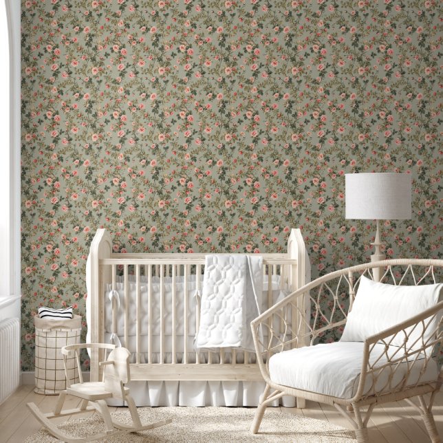 Salbeigrüner Retro-Maximalist-Floral Tapete (Kinder)