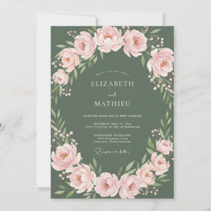 Salbeigrüner Romantischer Blumenkranz Hochzeit Einladung