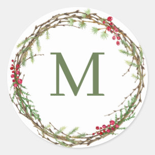 Salbeigrüner Rustikal-Weihnachtskranz-Monogramm Runder Aufkleber