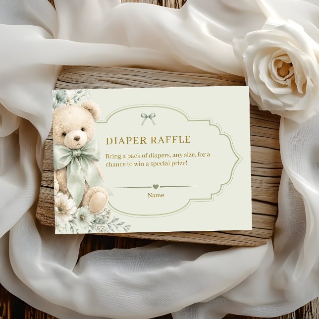 Salbeigrüner Teddy-Windeldiaper-Raffle-Einladung f Begleitkarte (Von Creator hochgeladen)