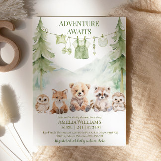 Salbeigrünes Abenteuer Wartet Wald Baby Shower Einladung