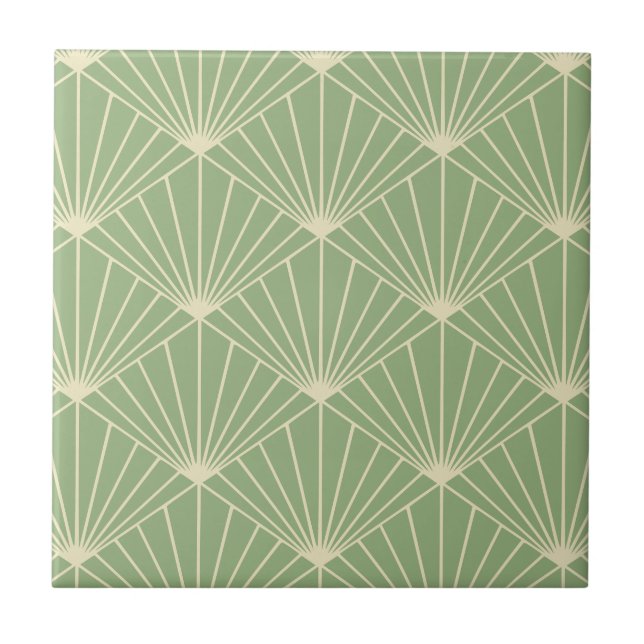 Salbeigrünes Art Deco Ventilator-Muster Fliese (Vorderseite)