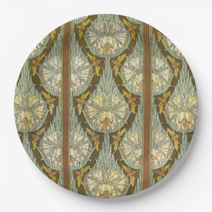 Salbeigrünes Art Nouveau-Lilien-Insektenmuster Pappteller