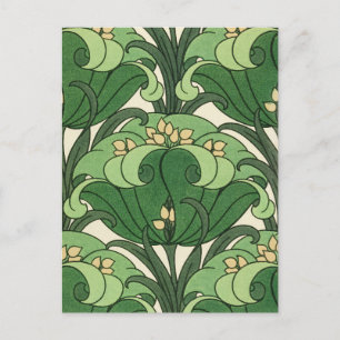 Salbeigrünes Art Nouveau Lotus Blumenmuster Postkarte