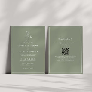Salbeigrünes Blatt-Monogramm QR-Code Hochzeit Einladung