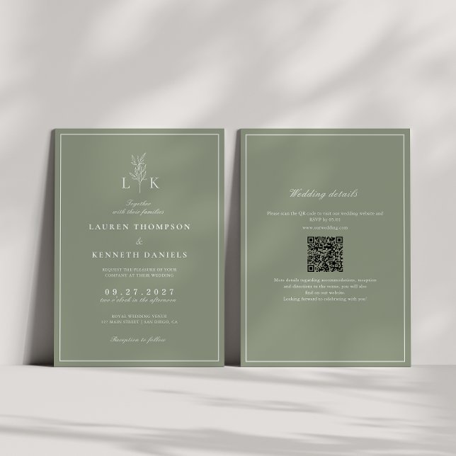 Salbeigrünes Blatt-Monogramm QR-Code Hochzeit Einladung (Von Creator hochgeladen)