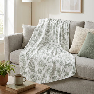 Salbeigrünes Blumen-Vintage-Toile-Muster Fleecedecke