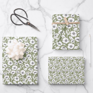 Salbeigrünes Blumenmuster Geschenkpapier Set