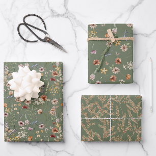 Salbeigrünes Blumenverpackungspapier Geschenkpapier Set