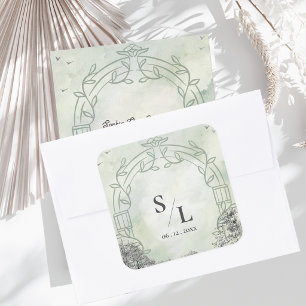 Salbeigrünes Bogenmonogramm Initialen Hochzeit Bri Quadratischer Aufkleber