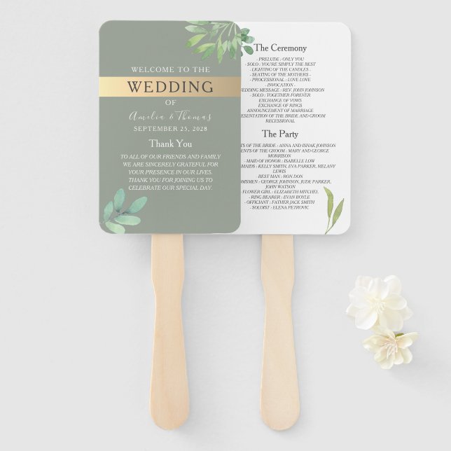 Salbeigrünes botanisches Hochzeitsprogramm Fächer (Vorne und Hinten)