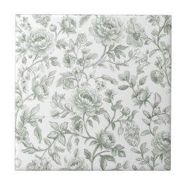 Salbeigrünes florales vintage Toile-Muster Fliese