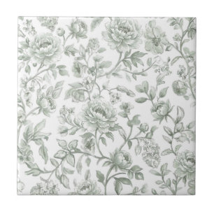 Salbeigrünes florales vintage Toile-Muster Fliese