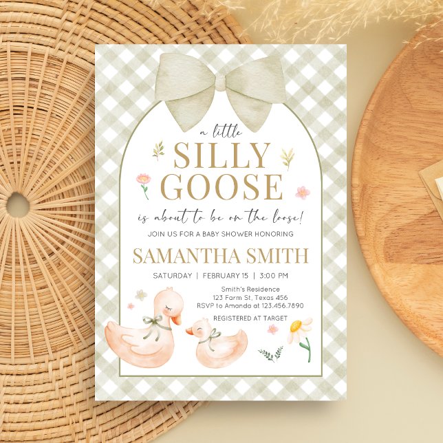 Salbeigrünes Gingham Silly Goose Babyshower Einladung (Silly Goose Baby Shower Invitation)