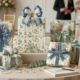 Salbeigrünes Gold-Blumen-Hochzeitsgeschenkpapier m Geschenkpapier